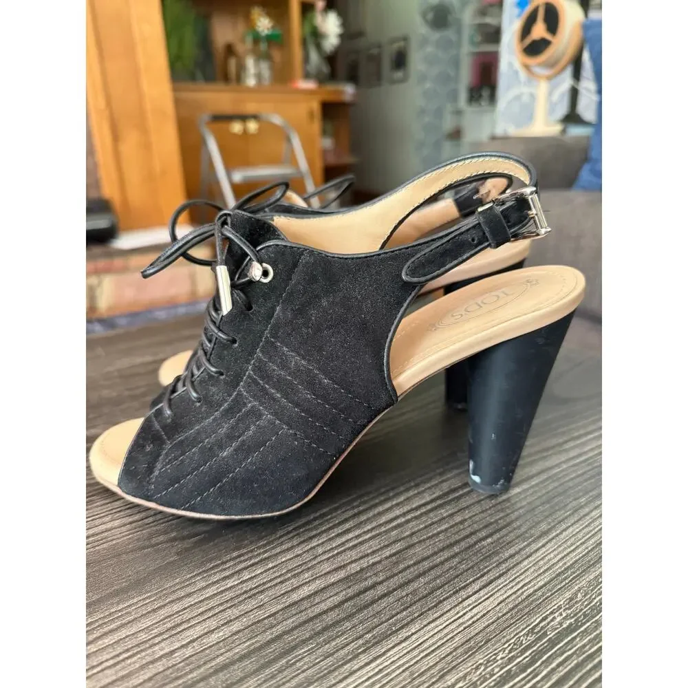 Tod's Black Suede Lace-up, Peep-Toe Slingback Sandals Sz. 38.5